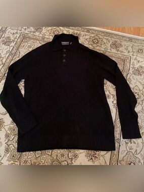 LOCKHART Merino Wool & Cashmere Polo Black Sweater Long Sleeve Cozy Size Large